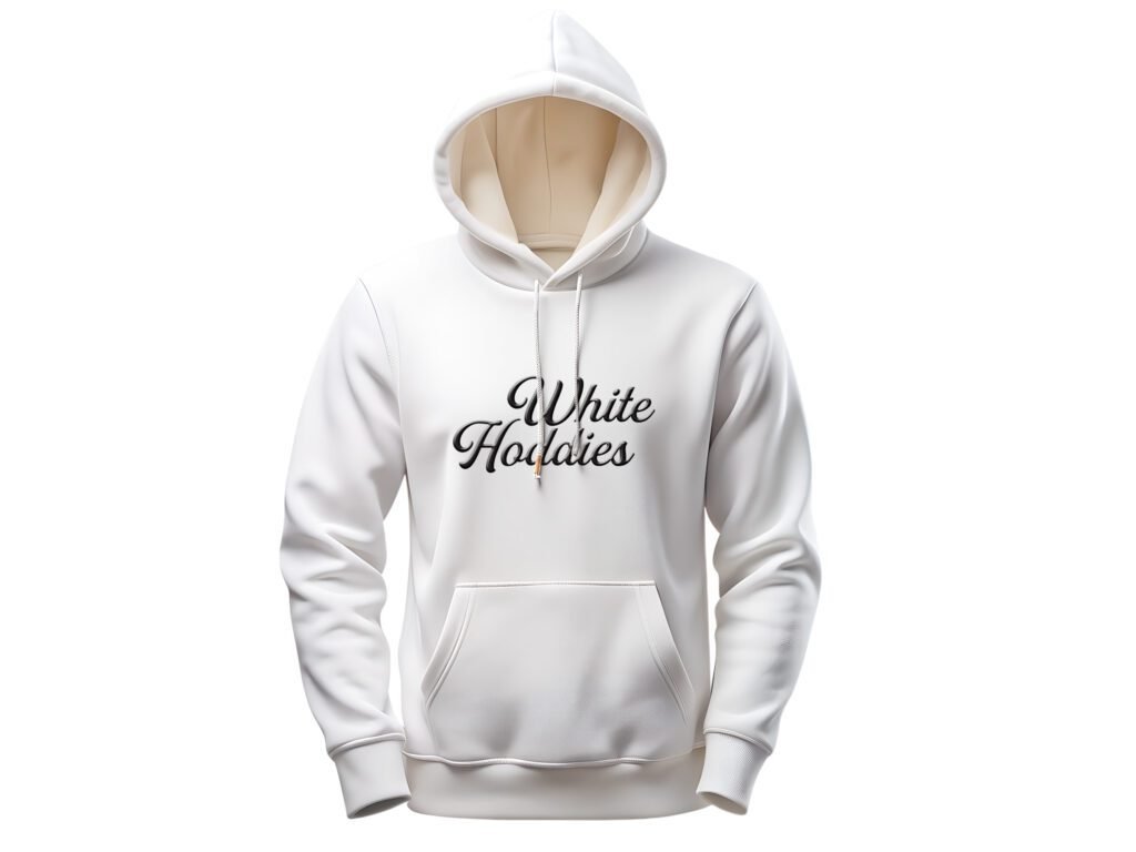 A white pullover hoodie mockup with "White Hoodies" text on the front, against a white background.
