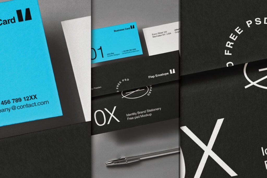 A triptych of branding identity stationery mockups featuring blue and white business cards, black envelopes, and a silver pen, all with modern typography and logos.