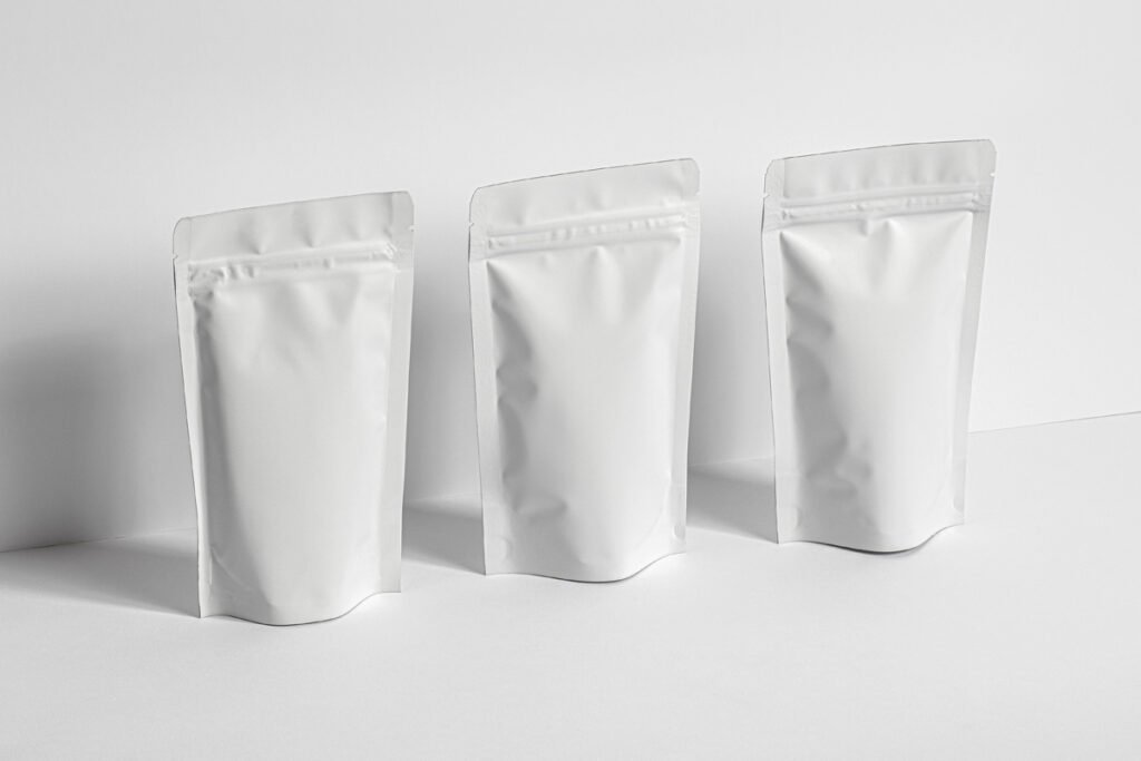 Three blank white stand-up pouches with zippers, arranged on a minimalist white background, ready for branding.