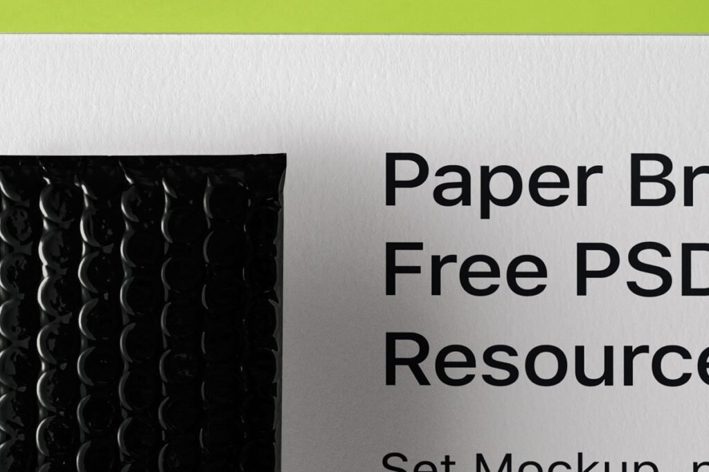 Close-up of a black padded bubble mailer corner next to white paper with "Paper Br Free PSD Resource" text.