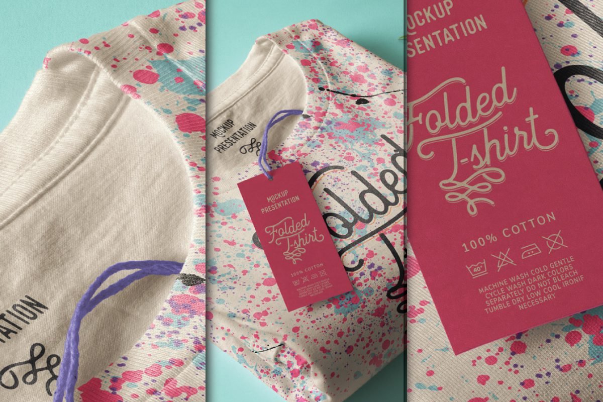 Folded white t-shirt mockup with pink and blue paint splatters and a red "Folded T-shirt" tag with washing instructions.