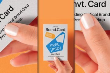 Realistic hand holding a modern vertical business card design template