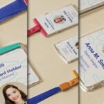Collection of ID card holder mockups featuring different designs, clear plastic holders, and colorful lanyards on a light background.