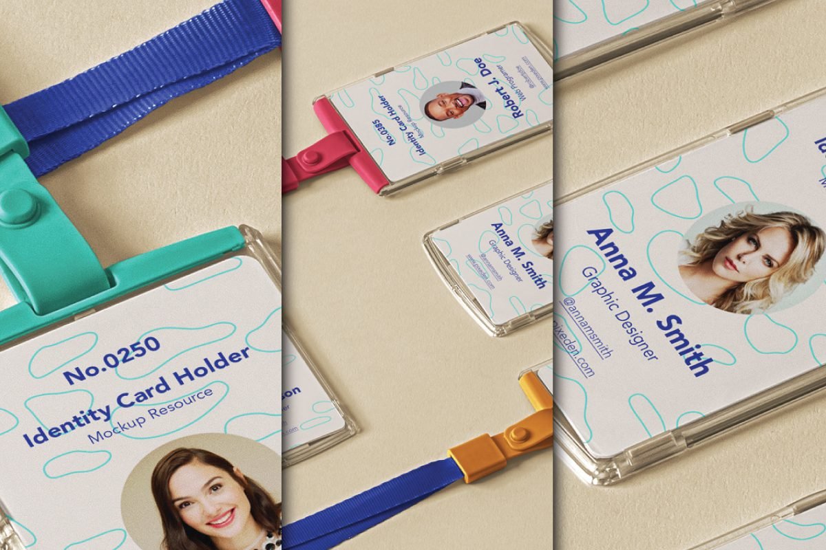 Collection of ID card holder mockups featuring different designs, clear plastic holders, and colorful lanyards on a light background.