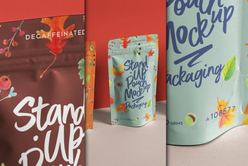 Three views of stand-up pouch mockups, two with autumn leaf designs (brown and light green) and one close-up of a light green pouch with "Stand Up Pouch Mockup Packaging" text.