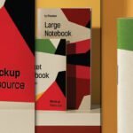 Three notebook mockups with geometric red, black, and green designs and "Mockup Resource" branding, showcasing different sizes and covers.