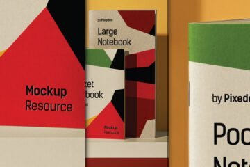 Three notebook mockups with geometric red, black, and green designs and "Mockup Resource" branding, showcasing different sizes and covers.