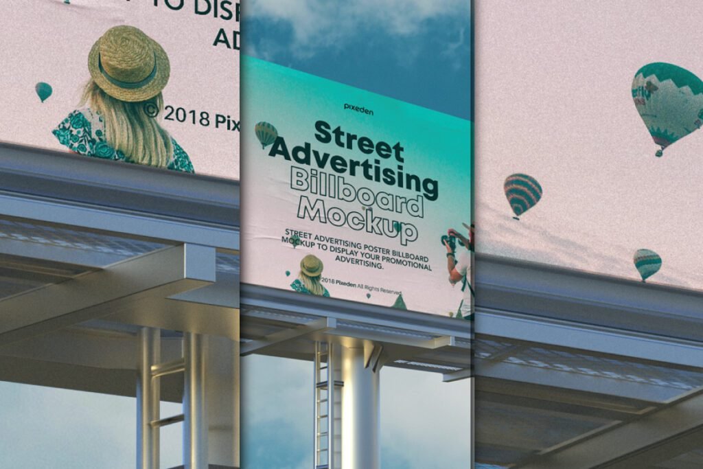 Street advertising billboard mockup featuring a woman with a hat and hot air balloons, with text "Street Advertising Billboard Mockup" on a teal background.