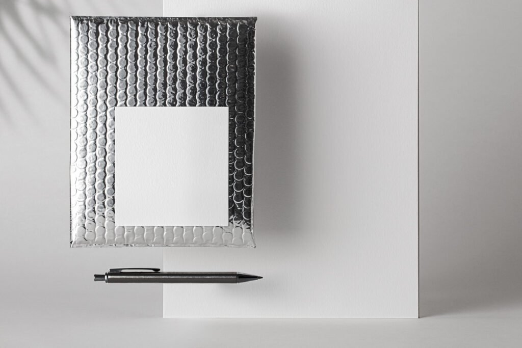 Silver metallic bubble mailer with a blank white label, a dark pen, and white cardstock, with subtle shadow.