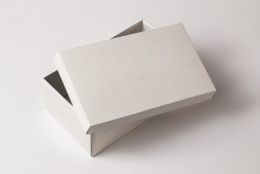 White shoe box mockup with the lid slightly ajar, casting a subtle shadow on a clean white background, ready for custom branding.