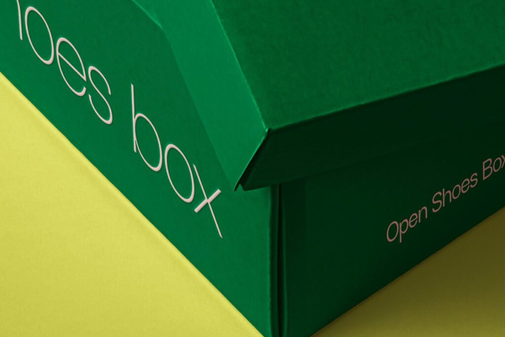 Close-up of a green shoe box with "shoes box" printed on the side and "Open Shoes Box" partially visible on the front, set against a two-tone green and yellow background.