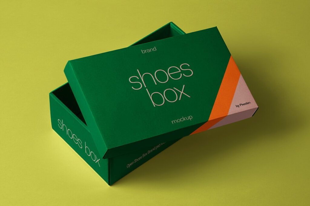 Green shoes box mockup with lid slightly ajar, displaying "shoes box" text, an abstract orange and white design, and "by Pixeden" text, on a lime green background.