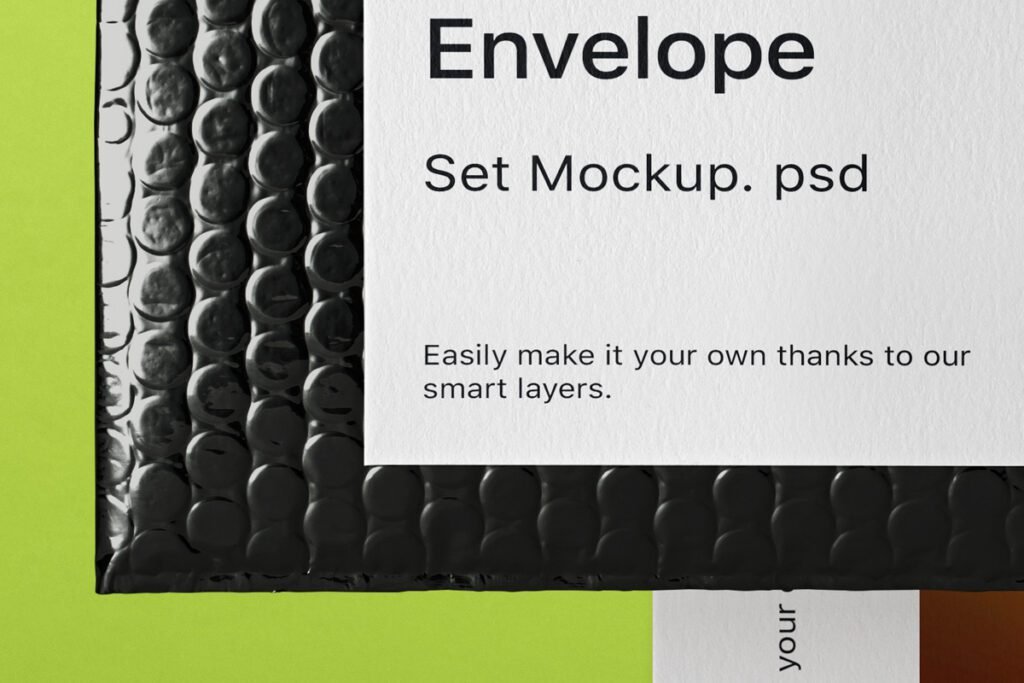 Close-up of a black padded bubble envelope mockup with a white label showing "Envelope Set Mockup. psd" text, on a lime green background.