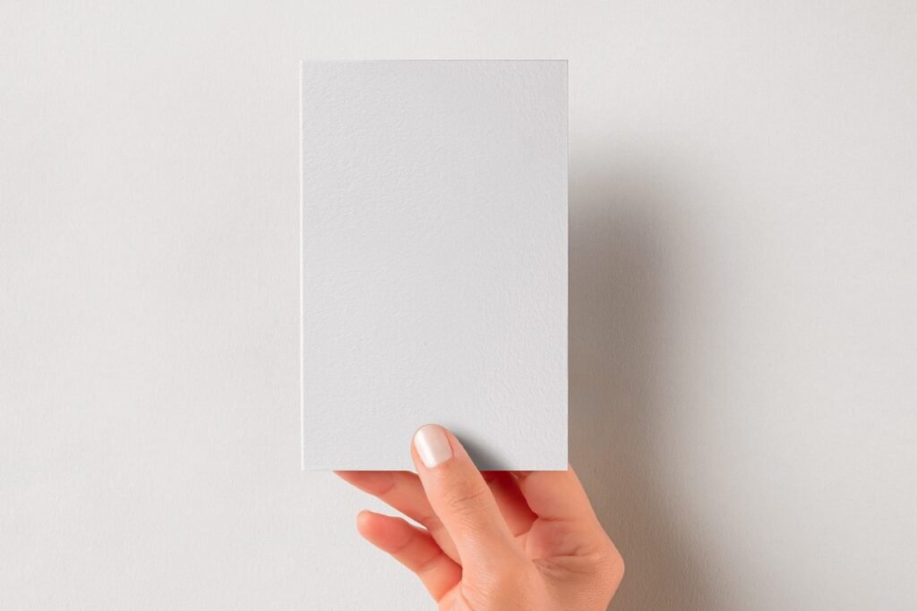 A hand with polished nails holding a blank white vertical business card mockup against a light gray background, ready for custom design.