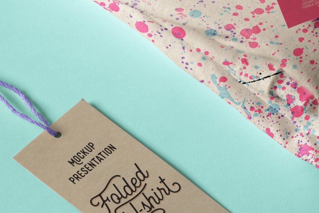 Close-up of a folded t-shirt with pink and blue paint splatters and a kraft paper "Folded T-shirt" tag with a purple string.