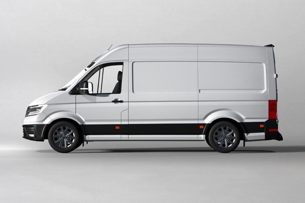Side view of a blank white commercial delivery van mockup with black trim, on a light gray background.