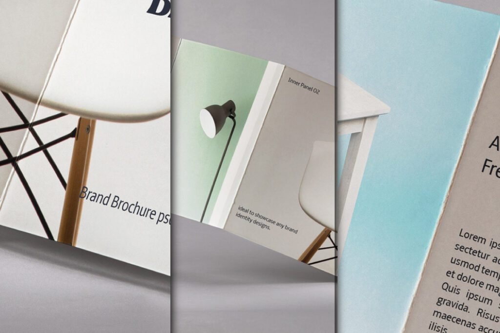 Brochure presentation mockup showing a "Brand Brochure psd" cover, an inner panel with a lamp and chair, and another panel with lorem ipsum text, showcasing various design elements.