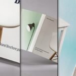 Brochure presentation mockup showing a "Brand Brochure psd" cover, an inner panel with a lamp and chair, and another panel with lorem ipsum text, showcasing various design elements.