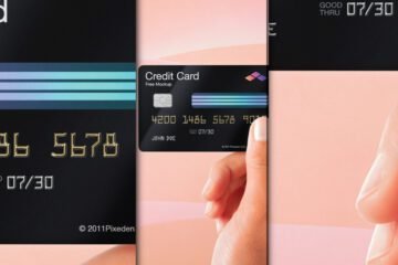 Credit card branding mockup showing a black card with chip, numbers, "Credit Card Free Mockup" text, and a hand holding the card.