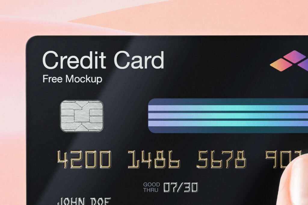 Close-up of a black credit card mockup with a chip