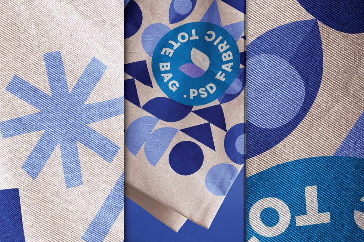 Folded Fabric Tote Bag Mockup with blue geometric patterns and "TOTE FABRIC BAG .PSD" text, showcasing texture and design.