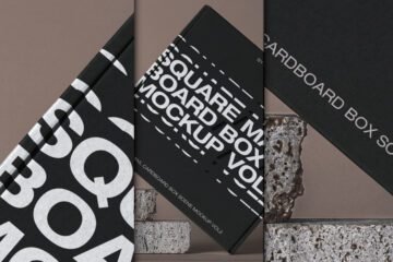 Three views of a black cardboard box mockup, one close-up with white typography, another on stone blocks, and a third showing the box edge.