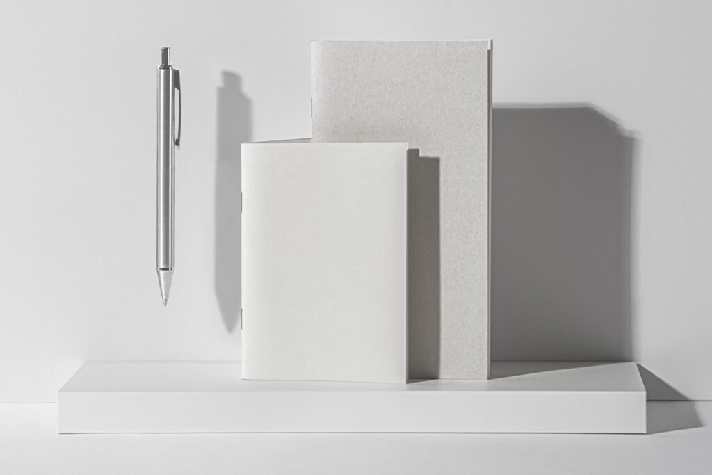 Two blank hardcover notebook mockups, one large and one small, with a floating silver pen, on a white pedestal against a minimalist white background.