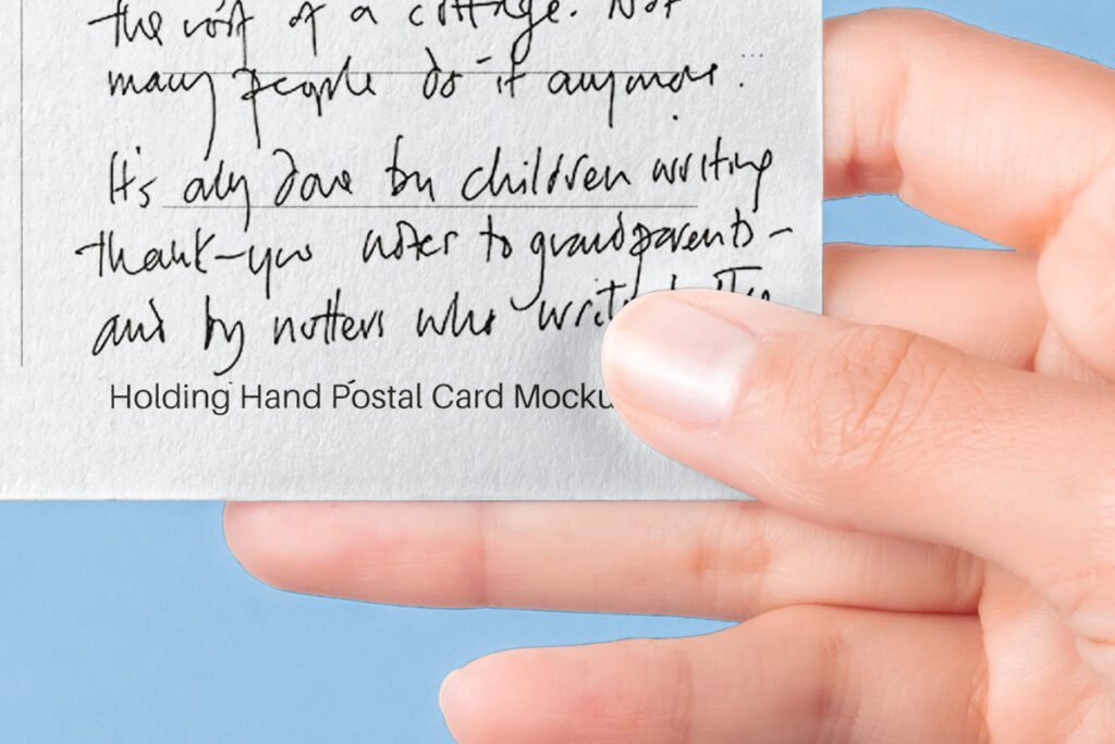 Close-up of a hand holding an invitation or postal card mockup with handwritten text on a white surface, against a blurred blue background.