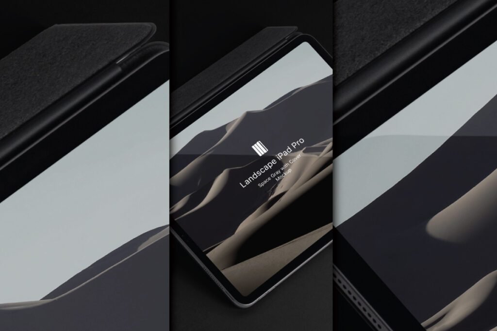 Three vertical panels showing an iPad Pro with a dark screen displaying a desert landscape, one with the smart cover partially open, and a close-up of the device's edge.