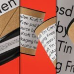 Multiple kraft paper tin can mockups with white labels and black text, displayed against a vibrant orange background, showcasing packaging designs.