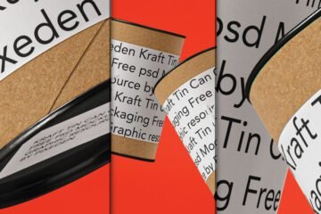 Multiple kraft paper tin can mockups with white labels and black text, displayed against a vibrant orange background, showcasing packaging designs.