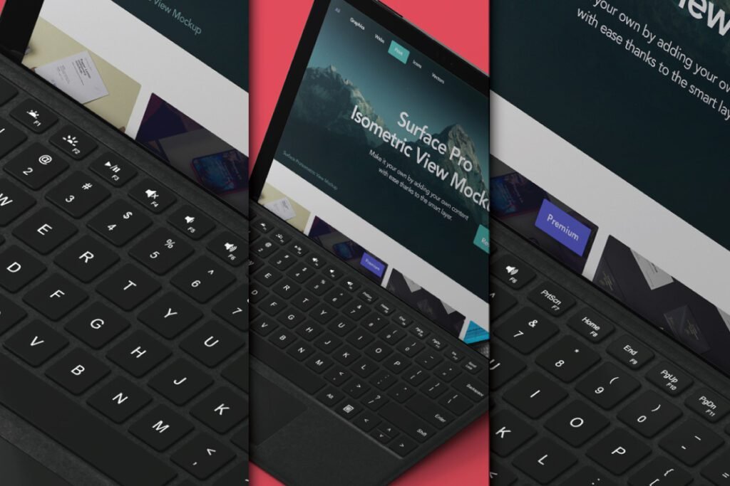 Three vertical panels showing a laptop mockup, including a close-up of the keyboard, the screen with "Surface Pro Isometric View Mockup"