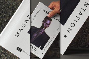 Magazine front cover mockup being held by a hand, featuring a dark-skinned model and "MAGAZINE SHOWCASE" text, with other magazine views on a textured surface.