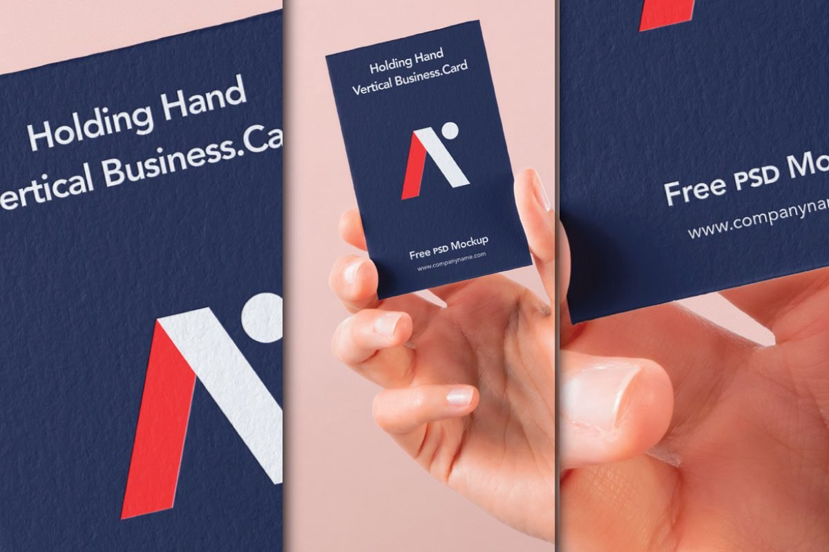 Three views of a dark blue vertical business card mockup, including a close-up, one held by a hand, and another showing texture.