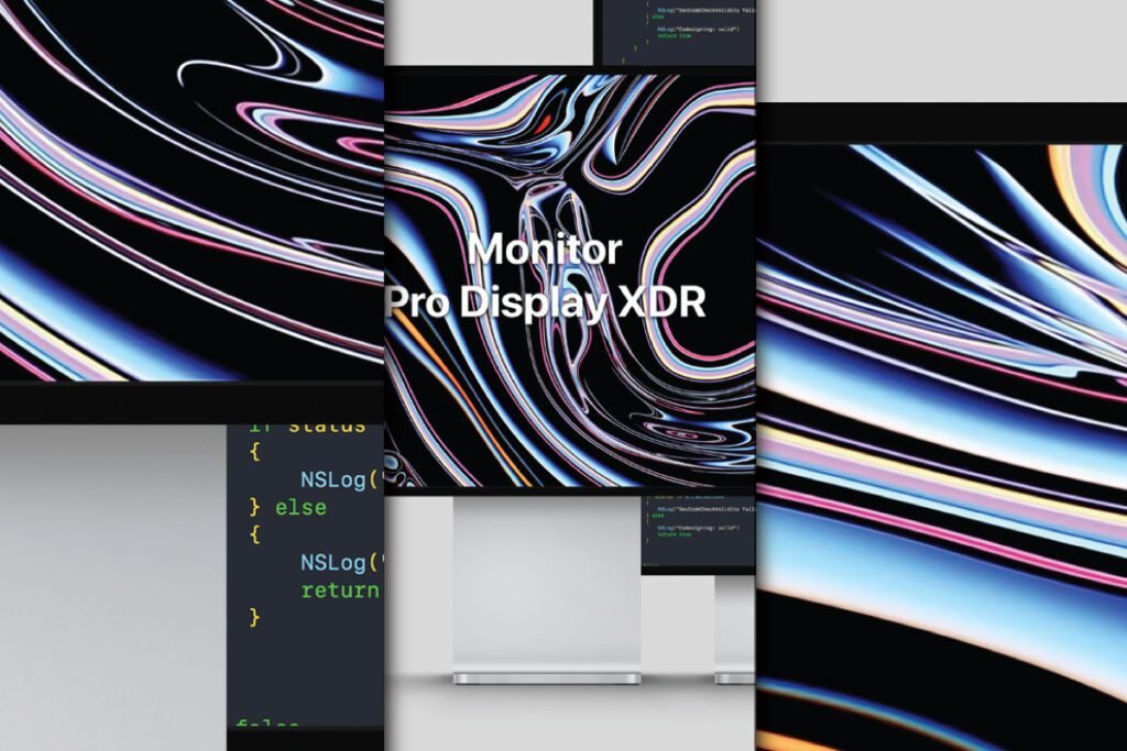 Multiple digital screens and a central monitor mockup showcasing abstract colorful patterns and code, with "Monitor Pro Display XDR" text.