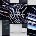 Multiple digital screens and a central monitor mockup showcasing abstract colorful patterns and code, with "Monitor Pro Display XDR" text.
