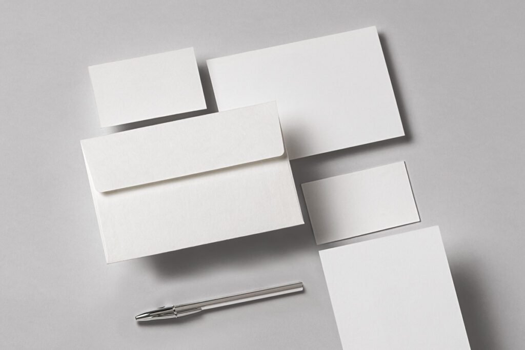 Top-down view of a blank white office stationery set mockup including business cards, envelope, letterhead, and a silver pen on a light gray background.