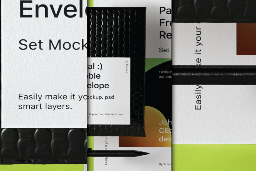 Collage of a black bubble mailer mockup with white labels, showing "Envelope Set Mockup" text and design elements.