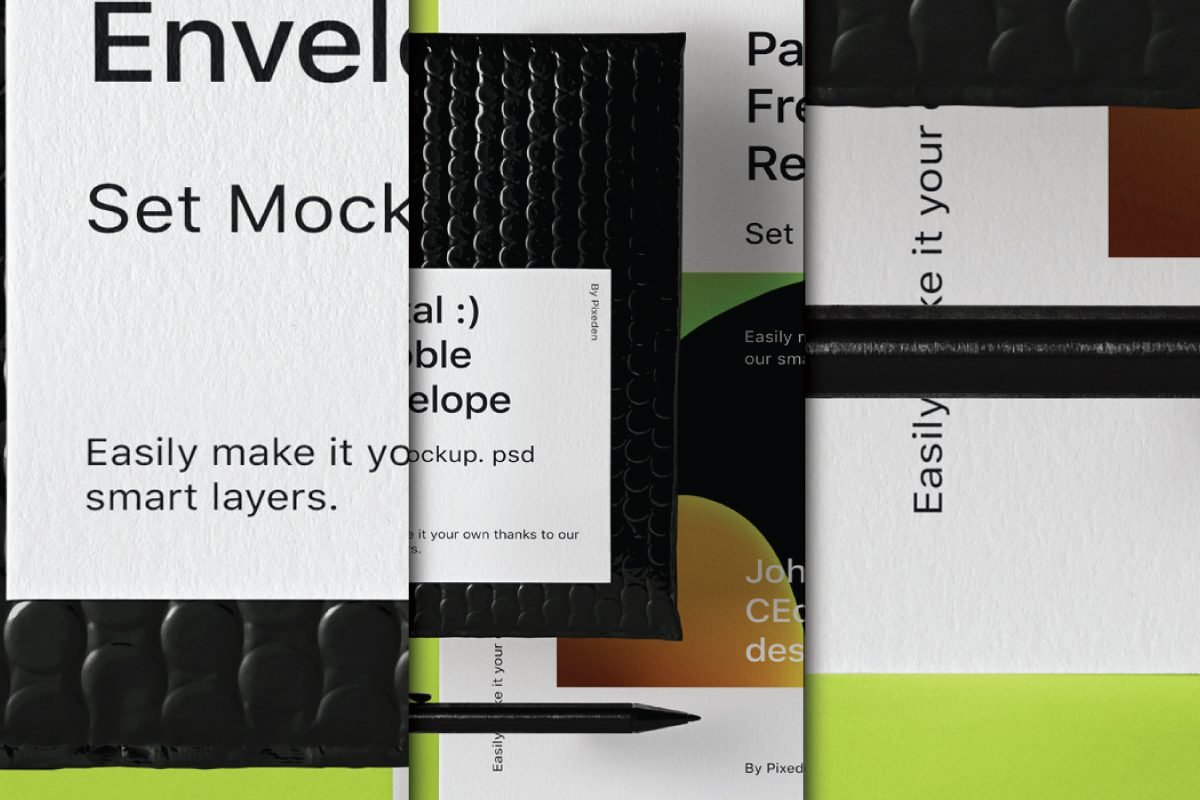 Collage of a black bubble mailer mockup with white labels, showing "Envelope Set Mockup" text and design elements.