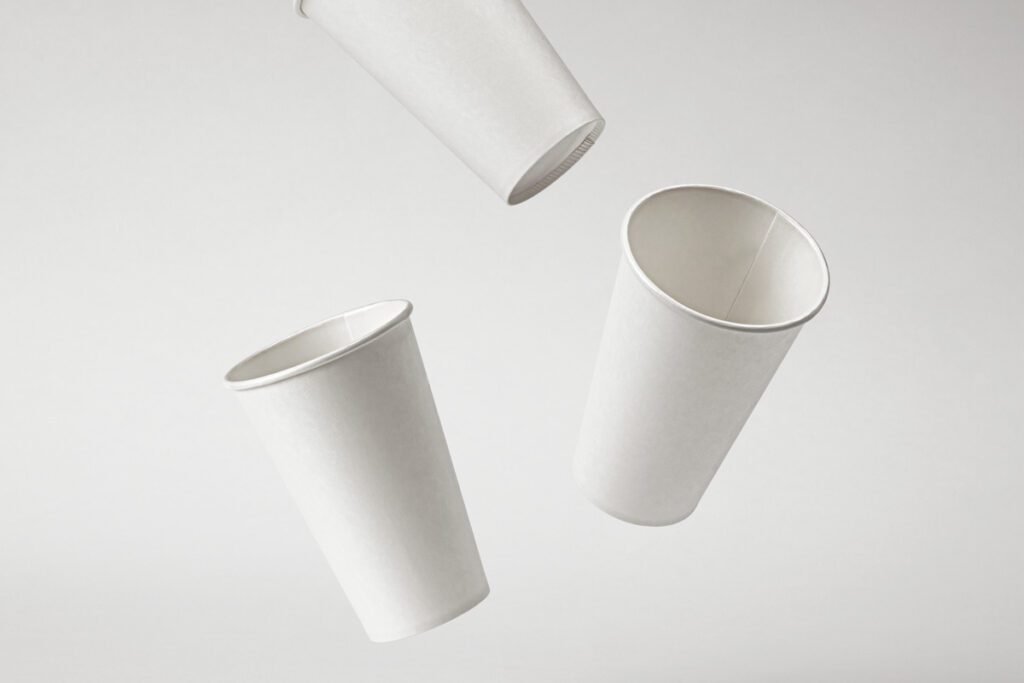 Three blank white paper cups floating in mid-air against a light gray background, ready for branding design.