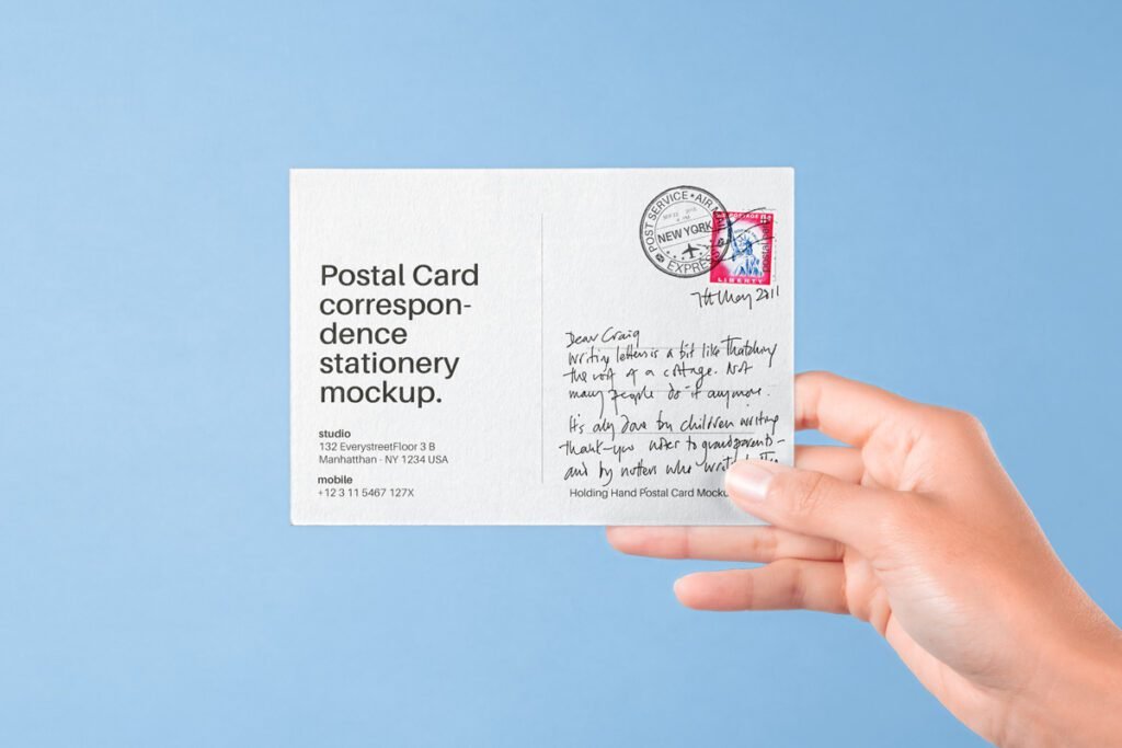 Hand holding a postal card mockup with handwritten message, postage stamp, and correspondence stationery details against a blue background.