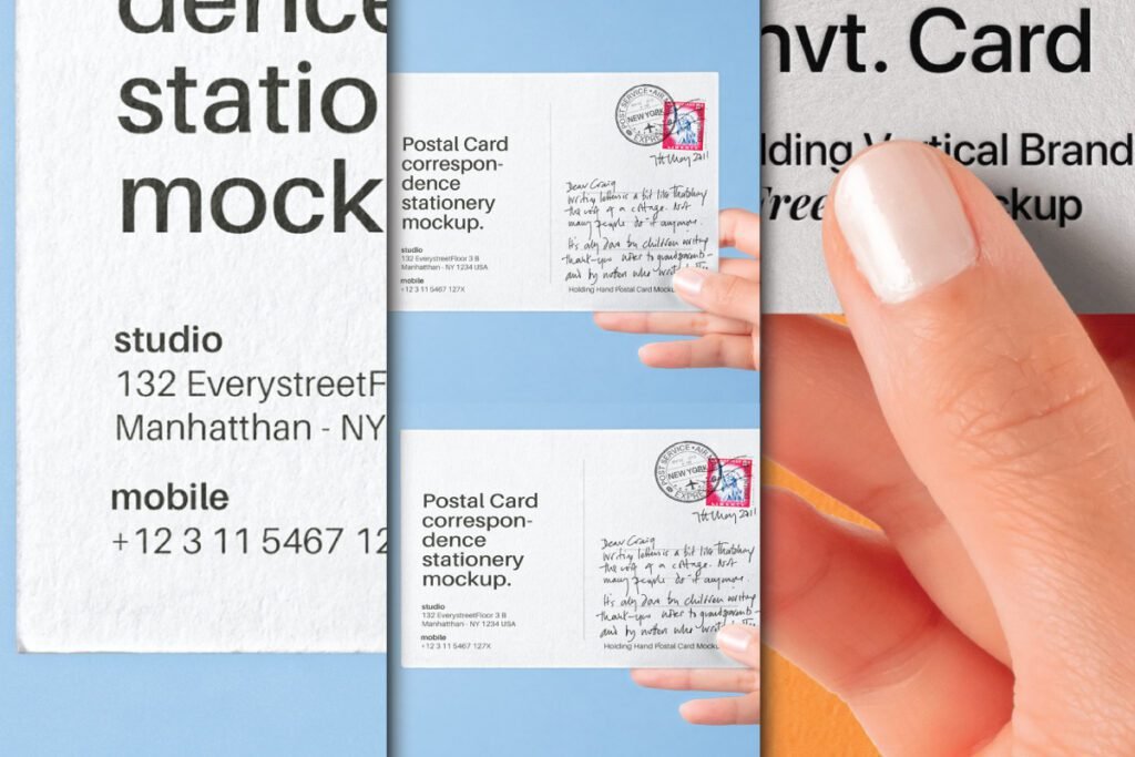 Hands holding a postal card mockup with correspondence stationery details, next to a larger blank stationery mockup.