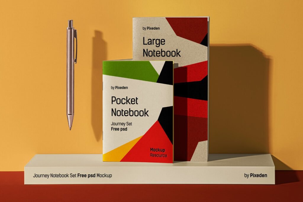 Two presentation notebooks, "Large Notebook" and "Pocket Notebook," with geometric designs and a floating rose gold pen, on a white shelf against an orange background.