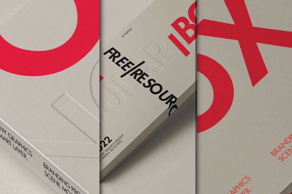 Close-up of realistic packaging mockups with white and red branding, featuring "FREE RESOURCE" text and embossed designs, showcasing various angles of a box.