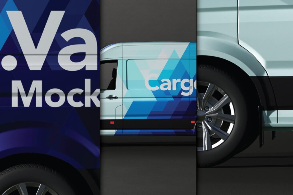 Three vertical panels displaying a side view of a delivery van mockup with blue and white geometric branding, showing the body, tire, and partial large text "Van Mockup".