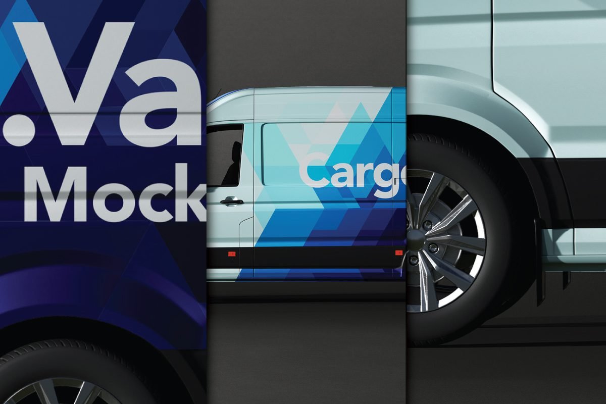 Three vertical panels displaying a side view of a delivery van mockup with blue and white geometric branding, showing the body, tire, and partial large text "Van Mockup".