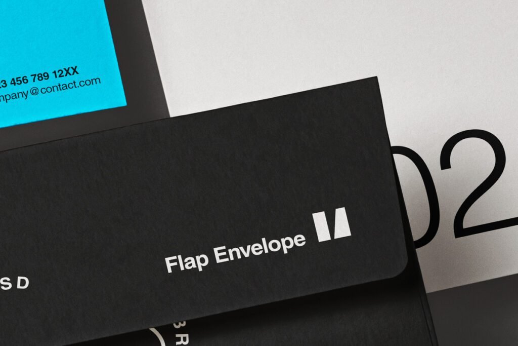 Close-up of a black flap envelope mockup with "Flap Envelope" text and logo, layered over a blue business card and a white document with a large number.