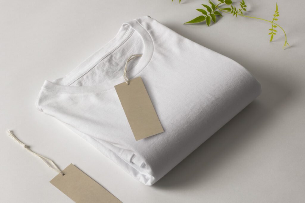 Folded white t-shirt mockup with blank brown hang tags and green leaves on a white background.