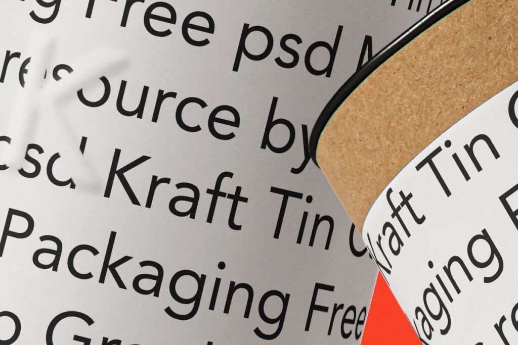 Close-up of a tin can mockup with a kraft paper top and white label featuring black text, "Kraft Tin Packaging Free"