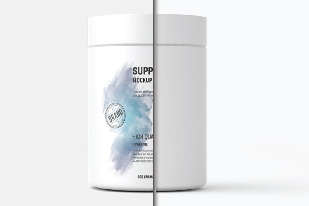 White jar bottles for supplements with a partially visible label and a plain white background